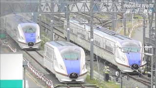 解体進む被災北陸新幹線車両！ E7系F16編成 解体準備の為構内移動する！解体前の3編成の1号車が並ぶ。2020.6.22 JR長野新幹線車両センター　panasd 1786