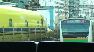 ドクターイエロー　回送列車と並走、のぞみ検測（下り）＠新橋駅 2018-7-8