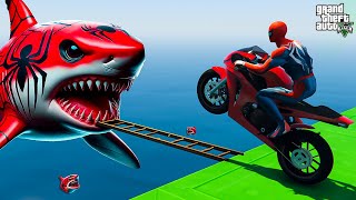 SPIDER MAN Takes on Spiral Bridge Stunt Ride on Motorcycle🦺🥽بطال الخارقين على القضبان دوامة قمع جس