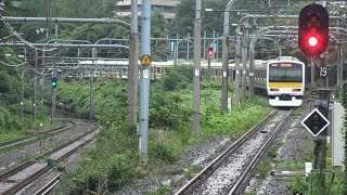 雨の市ヶ谷駅を出発する中央総武緩行線西行きE231系