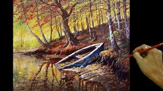 Acrylic Landscape Painting in Time-lapse / Autumn in River with Broken Boat / JMLisondra