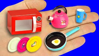 diy miniature microwave, pot, kettle, frying pan, plates for a dollhouse.