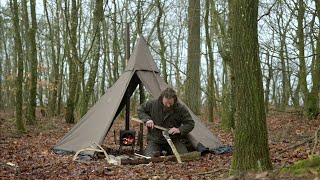 Solo bushcraft trip - new homemade frame saw, canvas tent, wood stove, spoon carving, wildlife etc.