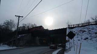 Washington County Railroad train WJNP passes over Wells River, Vt, trestle, 1/7/19