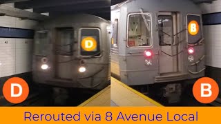 Norwood bound rerouted (D) train and 145 Street bound rerouted (B) train at 42 Street-PABT