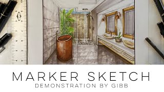 How to draw a bathroom using 1 point perspective - time lapsed marker demonstration