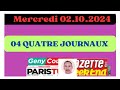 MERCREDI 02.102024 QUINTÉ ANALYSE PAR 04 QUATRE JOURNAUX WEEKEND GAZETTE GENY COURSE ET P.TURF