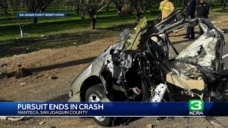 Violent crash during police pursuit in Manteca splits car in half