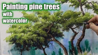 Watercolor painting process tutorial (speed painting) : How to draw pine trees