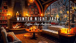 Cozy Winter Bookstore Coffee Shop ❄️ Warm Jazz Music & Fireplace Ambience, Snowfall Views for Relax
