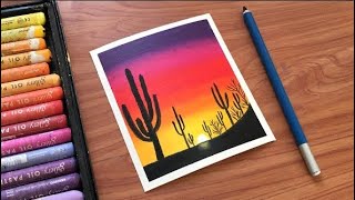 Cactus Sunset Scenery Oil Pastel Painting for beginners | Easy Oil Pastel Drawing Tutorial