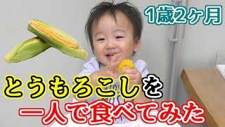 【赤ちゃん】とうもろこしを一人で食べる赤ちゃん Baby eating corn alone