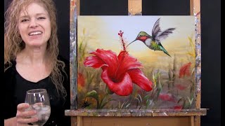 Learn How to Paint HIBISCUS HUMMINGBIRD with Acrylic - Paint and Sip at Home - Step by Step Tutorial