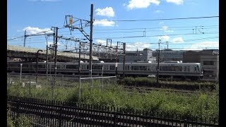 京都梅小路公園前を走行していく東海道新幹線上りN700系と京都線下り221系