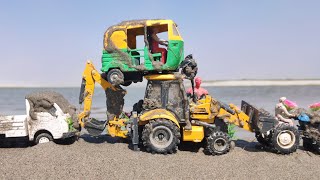 Muddy Auto Rickshaw And Tractor Help Jcb And Water Jump Muddy Cleaning  Tractor Video  Mud Toys 2