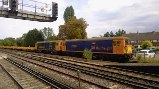 GBRf 73136 double heading with 73128 - 4Z94 Dollands Moor to Eastleigh, at West Byfleet on 01/09/22