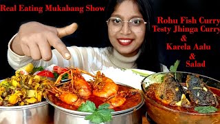 ASMR EATING VIDEO, EATING ROHU FISH HEAD CURRY, TESTY JHINGA CURRY,KARELA ALU, SALAD EATING MUKBANG