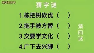 猜字谜：栋把树砍伐、拖手被方替、交要学文化、广下去兴脚猜四字