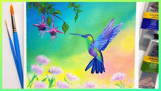 Hummingbird acrylic painting tutorial🎨Hummingbird easy acrylic painting using only 4 colours🎨💛💚💙💖