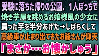 【感動する話】受験に落ちた帰りの公園で一人焼き芋屋を眺めるお嬢様風の少女…お金がないのかと思い半分あげた→しばらくして高級車で迎えに来たお爺さんが仰天「まさか…お懐かしゅうございます」