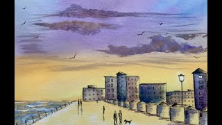 Line and Wash Painting: Hove Seafront at Sunset, Using Fineliner and Watercolour