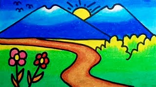 How To Draw Easy Scenery With Oil Pastels Step By Step | Drawing Easy Scenery For Beginners