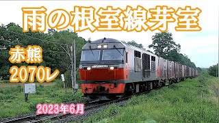 雨の日　赤熊（JR貨物DF200 ７号機）が牽引する、上り貨物列車が真直ぐな線路を走る　根室線にて