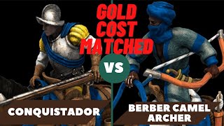 AOE2: 60 ELITE SPANISH CONQUISTADORS VS 70 ELITE BERBER CAMEL ARCHERS. SAME GOLD COST.