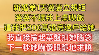 新婚第1天婆婆立規矩，婆婆不讓我上桌喫飯，逼我把200萬婚房過戶給她，我直接掄起菜盤扣她腦袋，下一秒她嚇傻眼跪地求饒！