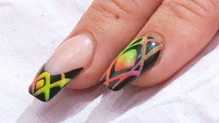 Matte on Gloss - Neon Aztec on Black Acrylic and Gel Nail Art Design Tutorial