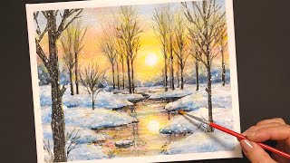 How to draw [Sunset and snow landscape] with acrylic paint/painting for beginners/Step by step