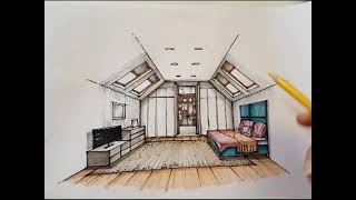 how to draw one-point perspective, interior drawing and marker rendering