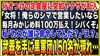 【スカッと】行きつけの定食屋に突如ヤクザが乱入「女将！俺らのシマで営業したいなら毎月みかじめ料100万払え！シバくぞ！」私「カスが誰に命令してんだ？」「え？」→武器を手に黒軍団150名が店内に現れ…