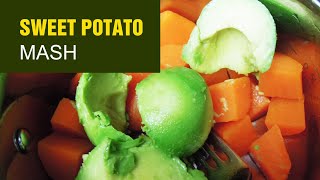 Sweet Potato Mash with Avocado, Red Herring on the side, and Rhubarb compote on the side