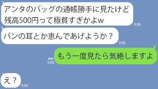 【LINE】私のバッグにあった通帳を勝手に見て貧乏人扱いしたママ友「パンの耳恵んであげよっか？w」→金持ちマウントをする女にもう年収を教えた時の反応が…w