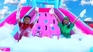 Wendy Pretend Play at the Bubble Foam Party & Giant Inflatable Jumping Slide Toy For Kids