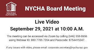 New York City Housing Authority Board Meeting  - September 29, 2021 at 10:00am