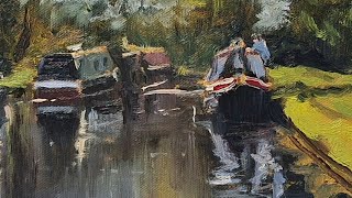 Canal scene with boats in oils