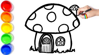 How to draw cute and easy Mushroom House 🏠🌈 Easy drawing, Painting and Coloring for Kids & Toddlers