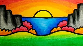 How To Draw Scenery Sunset With Oil Pastels Step By Step | Drawing Sunset Scenery Easy For Beginners