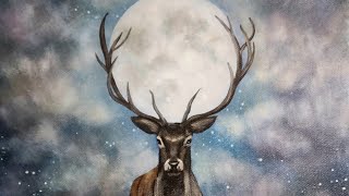 Moon in Deer Antlers Acrylic Painting LIVE Tutorial