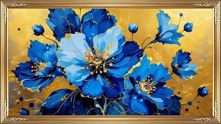 Elegant Vintage Blue and Gold Flower Art | Premium 4K TV Screensaver with Gold Frame Design