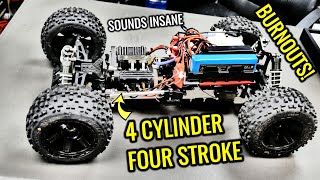 4 CYLINDER FOUR STROKE NITRO RC ENGINE RAT ROD BUILD - Does BURNOUTS Now!