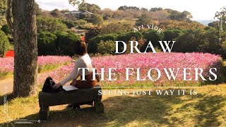 【Art/Drawing the real flowers🌷】Art vlog/Japanese illustrator/oil pastels/flower island