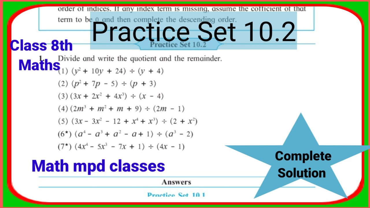 Practice Set 10.2 Class 8th Maths | Chapter 10 Division Of Polynomials ...