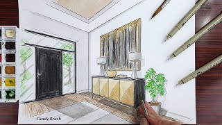Drawing A Modern Entryway in Two Point Perspective | Timelapse
