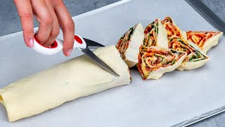 Cut the roulade using the scissor! Appetizer with puff pastry, pizza flavored