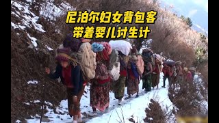 尼泊尔妇女背包客带着婴儿穿过雪山讨生活，差点滚下雪山。男人在高原穿着短裤大雪冒死寻找母羊。