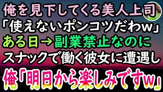 【感動する話】契約社員の俺を見下す美人女上司「仕事ができないポンコツw」ある夜→取引先と繁華街のスナックに入ると彼女が働いていた。俺「うちは副業禁止ですよ？」すると翌日、職場での態度が…