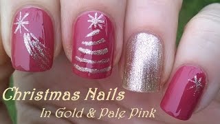 CHRISTMAS TREE Nail Art  - Gold & Pink Nails By Scotch Tape & Striping Brush